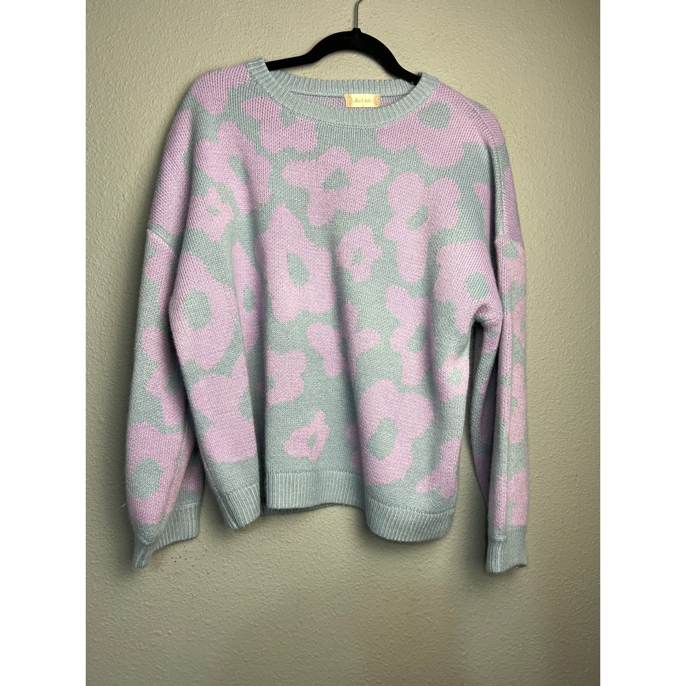 Altard State Retro Floral Crewneck Sweater Blue Purple Pastel Flower Knit Small